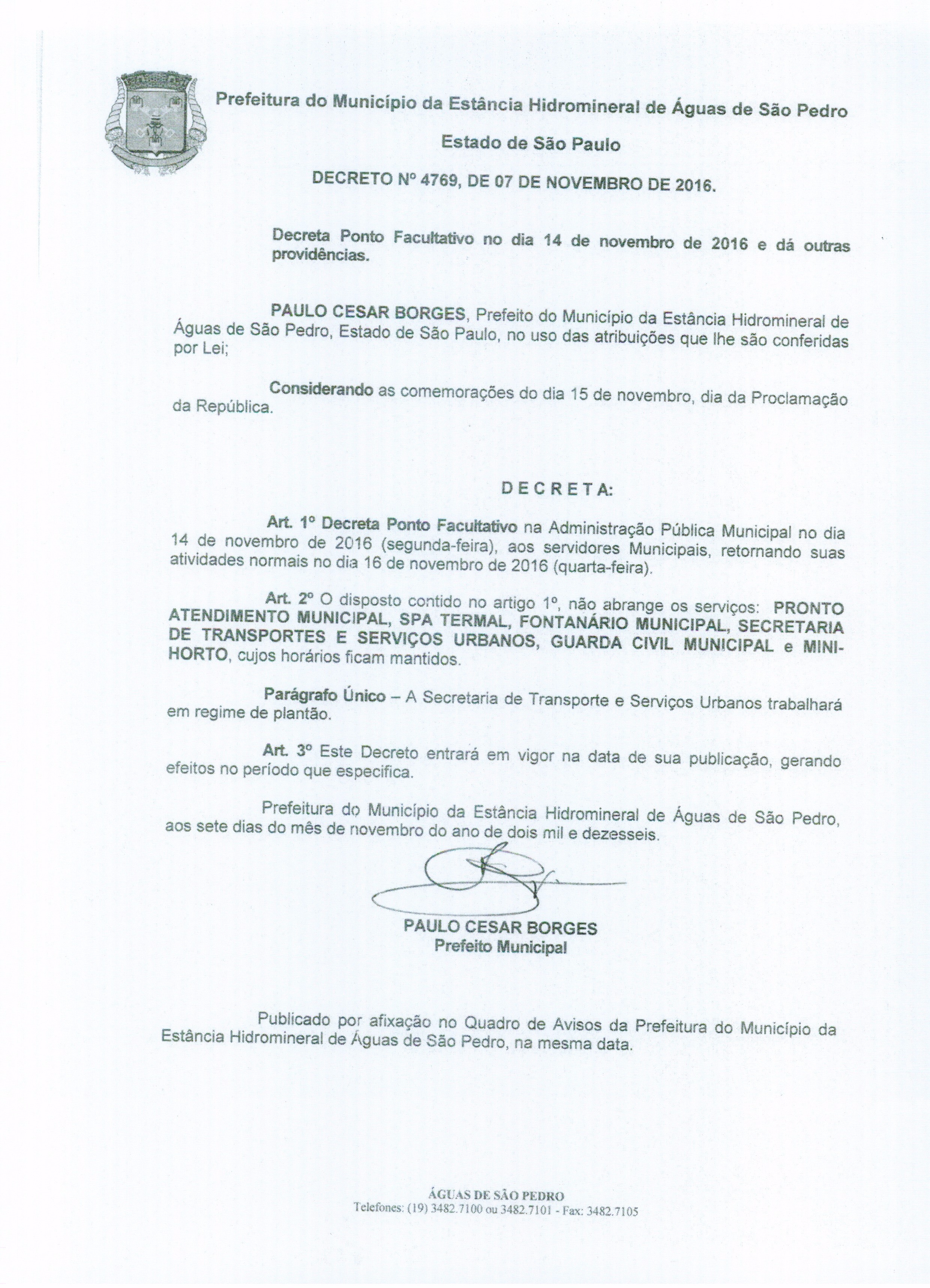 Imagem 20161111_DECRETO 4769, DE 07.11.2016 - PONTO FACULTATIVO Selecione a Imagem